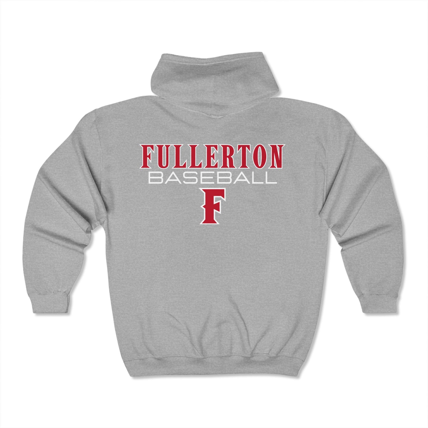 Fullerton Baseball - Full Zip Hooded Sweatshirt - Soft and Comfy Unisex Gildan Blend