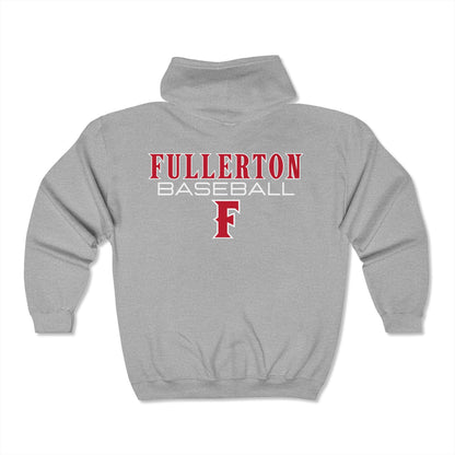 Fullerton Baseball - Full Zip Hooded Sweatshirt - Soft and Comfy Unisex Gildan Blend