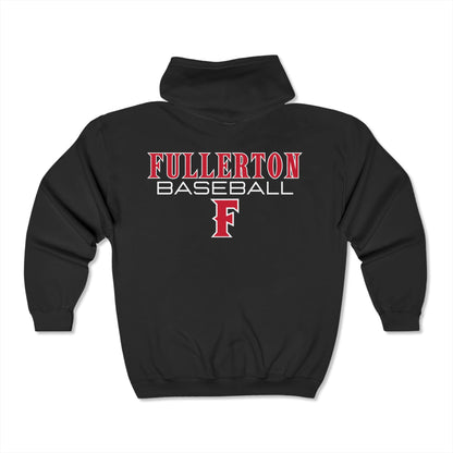 Fullerton Baseball - Full Zip Hooded Sweatshirt - Soft and Comfy Unisex Gildan Blend